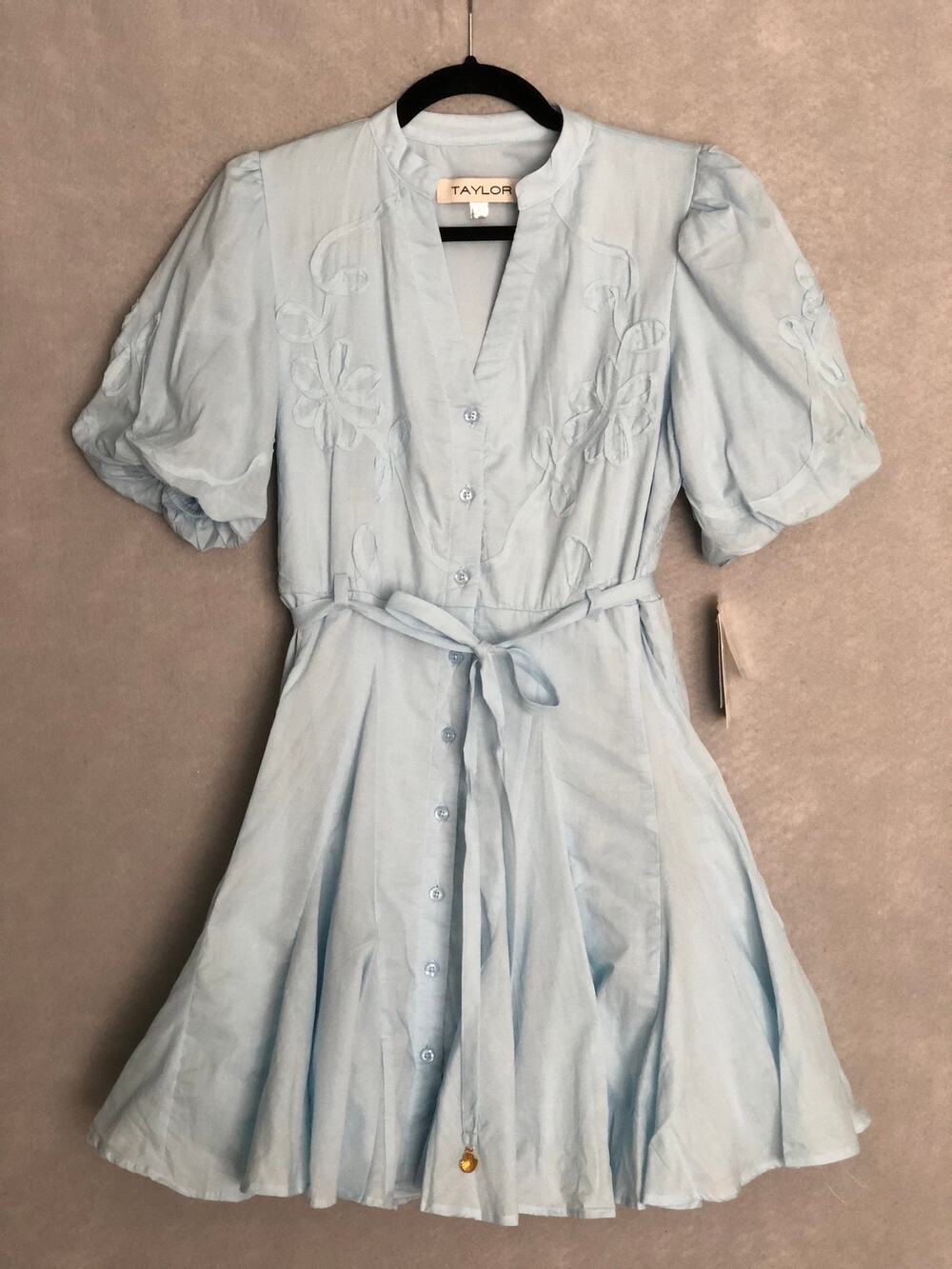 Taylor Soutache Shirt Dress Puff Sleeves Powder Blue Women's Size 4 NEW
